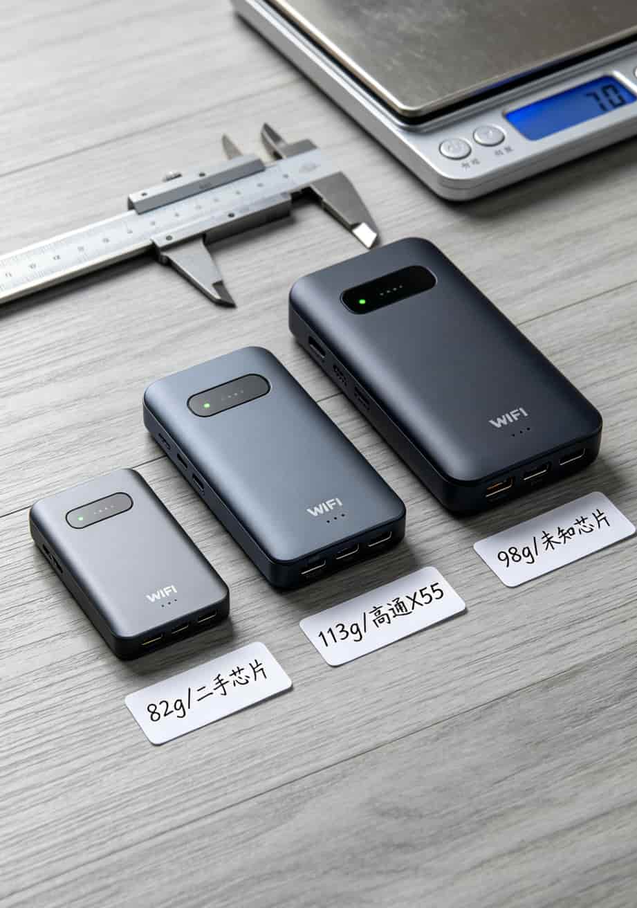 搬家五次才搞明白:定向流量卡中国联通配随身WiFi,一年省下一千块 三款随身WiFi并排对比,标注芯片型号和重量