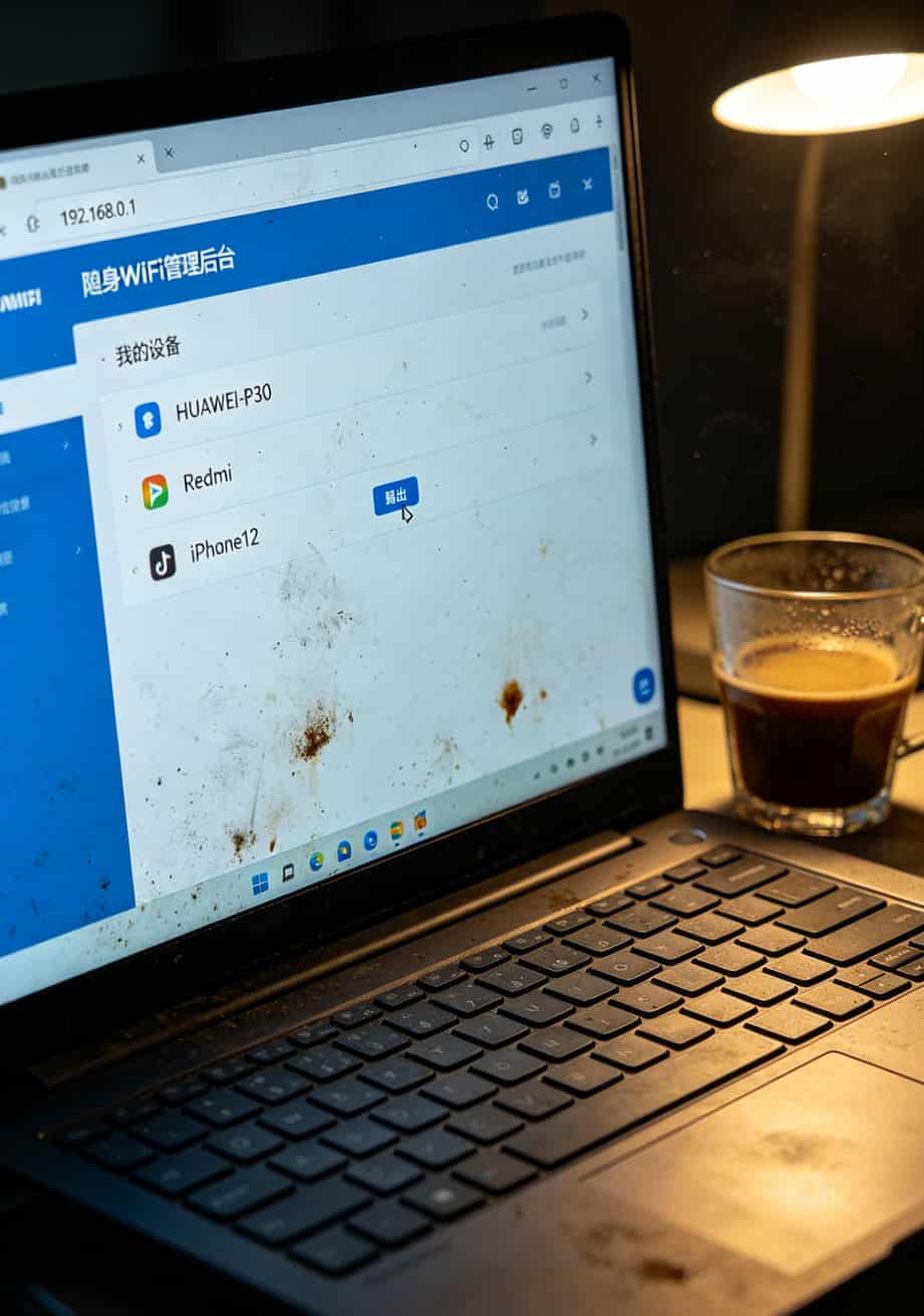 用了三年随身WiFi,我被坑了八千块才搞懂:中兴小盒子配19元电信卡大流量卡,到底是省钱还是送命? 随身WiFi管理后台截图,显示陌生设备连接记录