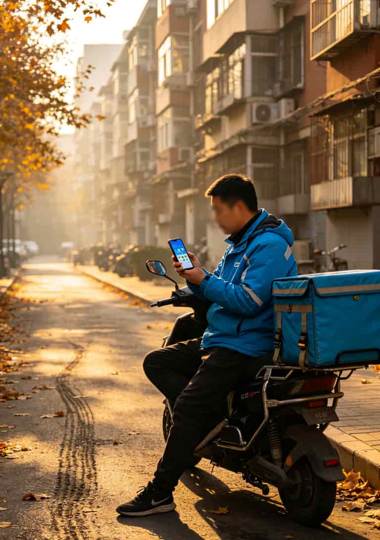 19元的移动流量卡配上中兴随身WiFi,我劝你想清楚再买(实测6张卡的真心话) 外卖骑手正在使用手机,背景是城市街道和小区住宅楼