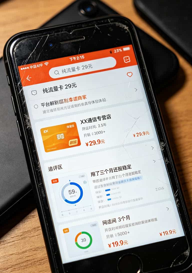 流量卡29元流量卡和免插卡随身WiFi哪个坑少?我花了3个月测出答案 淘宝搜索纯流量卡29元的界面截图,标注开店时间和追评内容