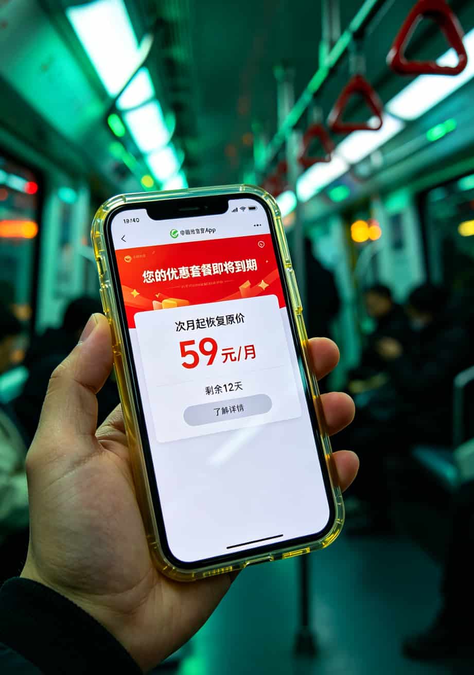 19元188g流量卡是真的吗?说实话:真的存在,但不是你想的那样 手机屏幕显示运营商App套餐到期提醒,红字标注恢复原价59元