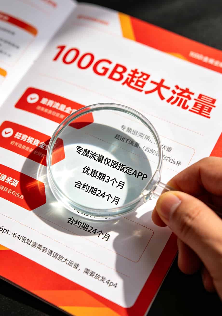 跑了大半个中国办了17张卡,我总算搞懂办什么流量卡最划算了 套餐宣传页的小字放大截图,显示专属流量和合约条款