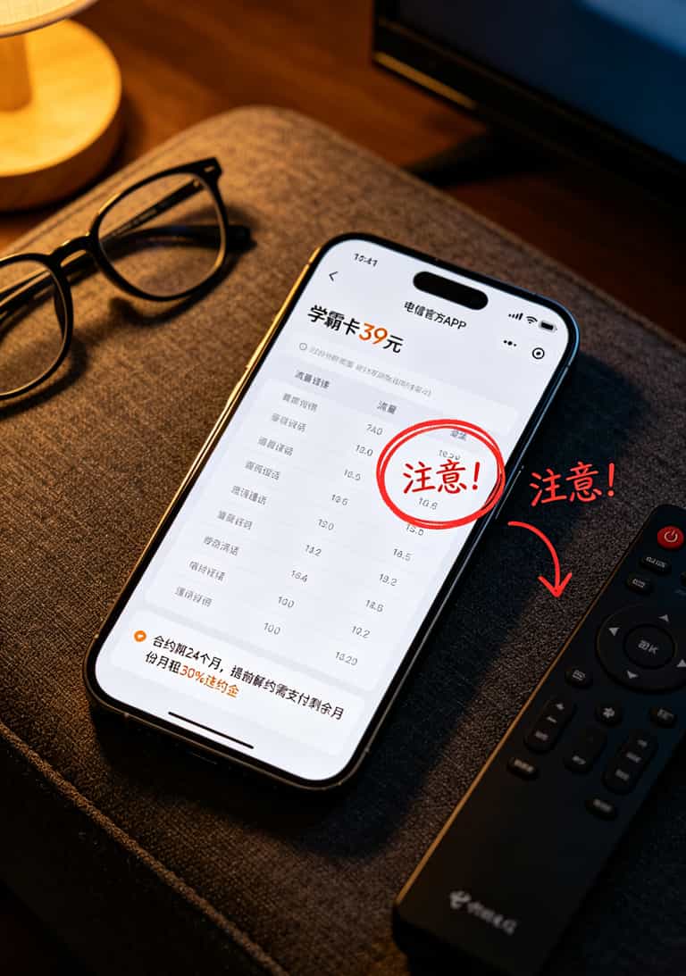 便宜的流量卡套餐,我换了12张才敢说:29元80G最稳,别信9元100G 电信39元学霸卡套餐详情截图,红圈标出“24个月合约”