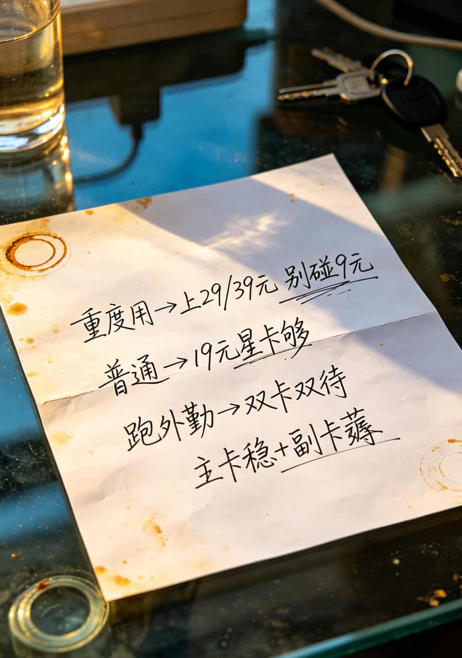跑了5年手机店,终于搞懂电信9元卡流量办理的真相(附避坑清单) 手写表格,三行分别写着“重度→29元/39元”“普通→19元”“跑外勤→双卡双待”