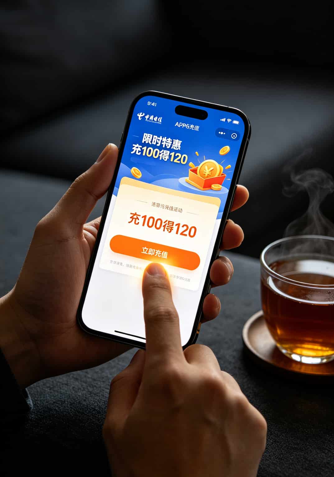 20260508_025448_办理电信大流量卡_final 电信官方App充值活动页面截图,显示充值100元到账120元