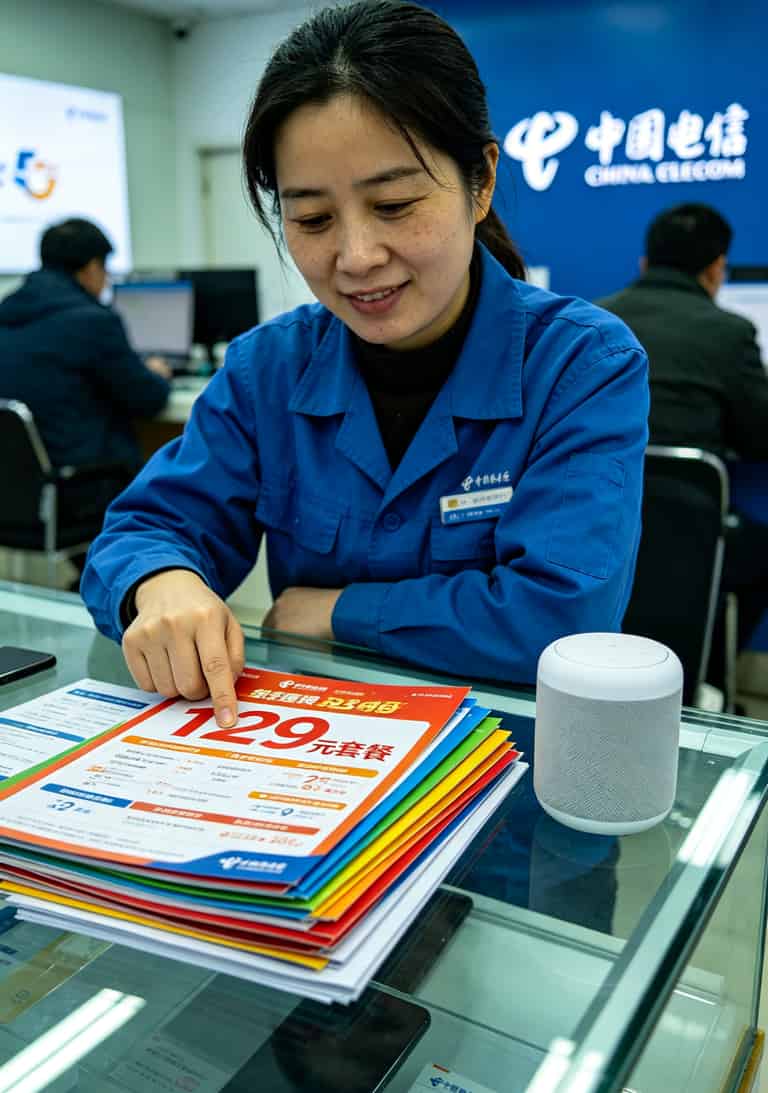 电信营业厅柜台，套餐宣传单页和赠品堆叠