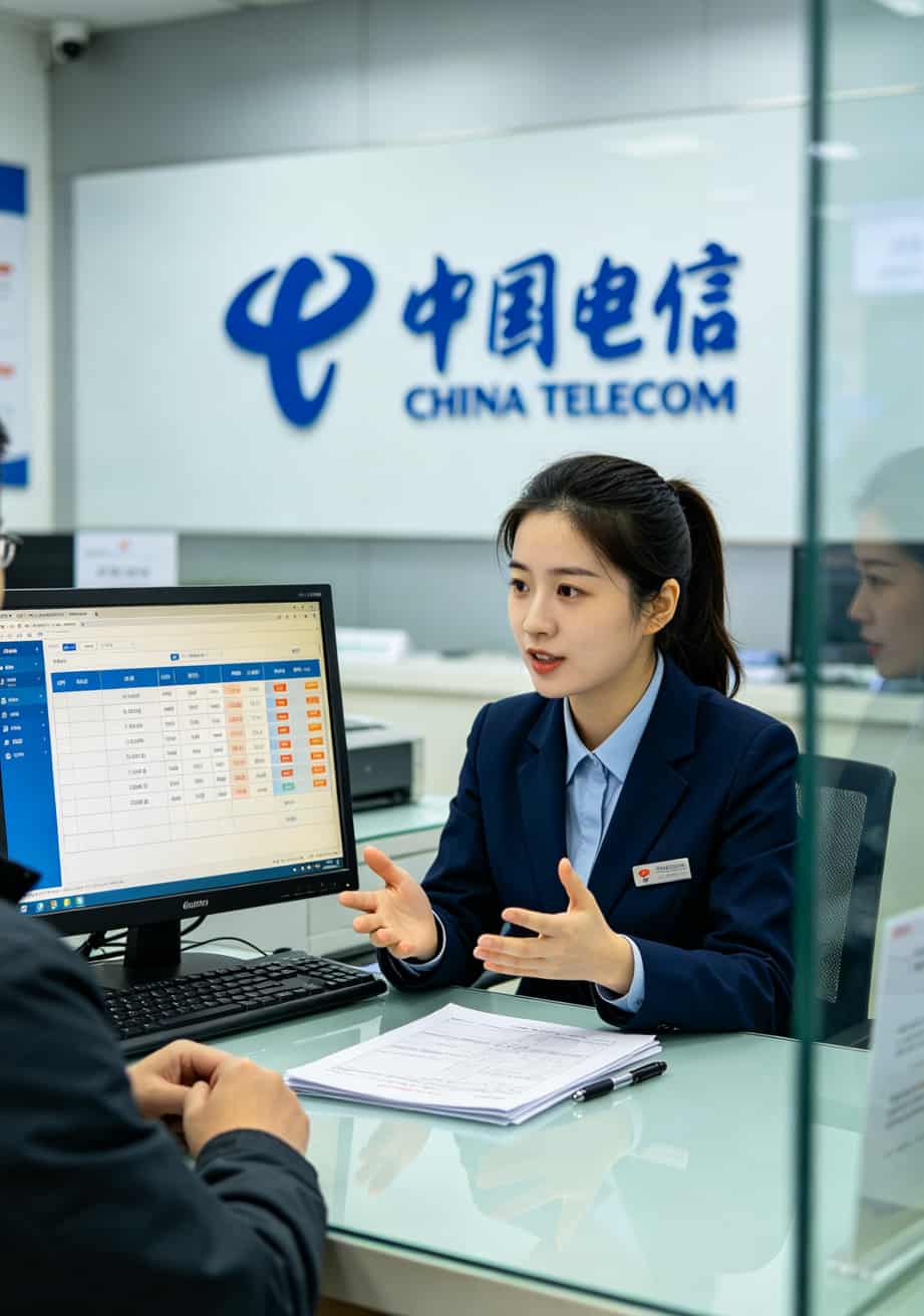 20260508_025448_办理电信大流量卡_final 电信营业厅内部环境,柜台工作人员正在向顾客介绍套餐