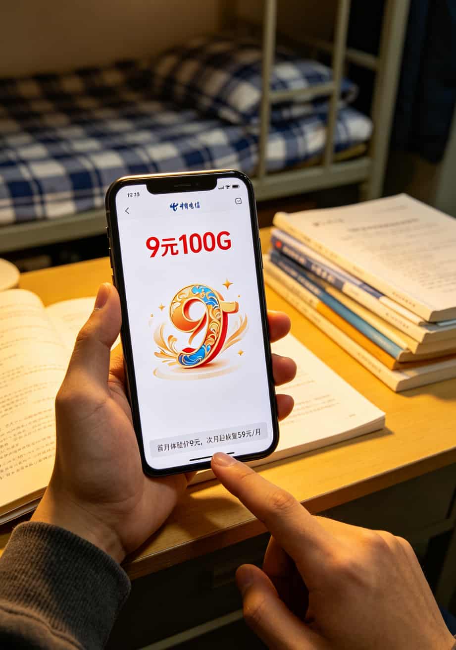 手机截图上显示电信套餐详情页底部有一行极小的灰色说明文字