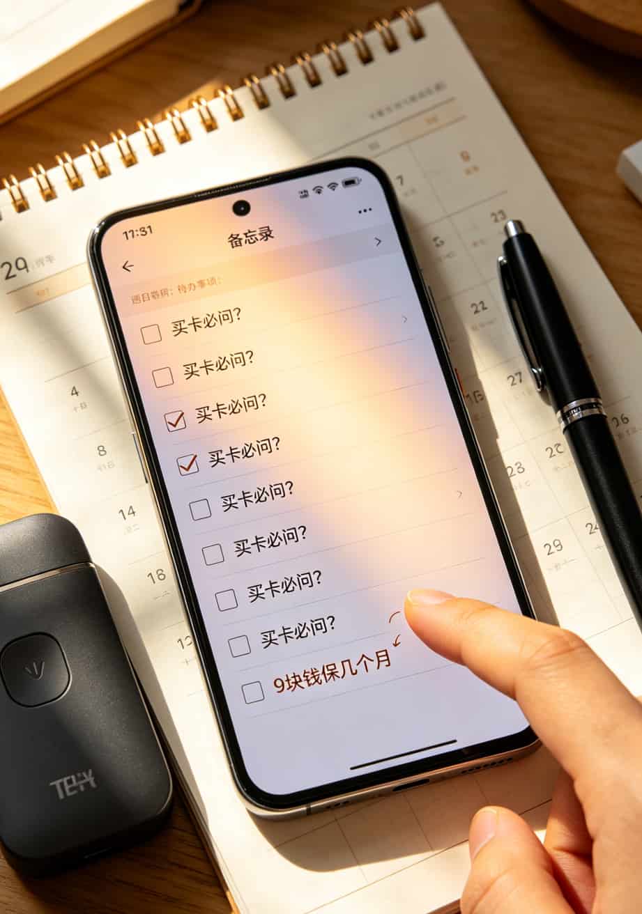 用了三年中兴随身WiFi才明白:办好一张9元105g通用流量卡,比换设备管用十倍 手机备忘录显示十条买卡必问清单截图