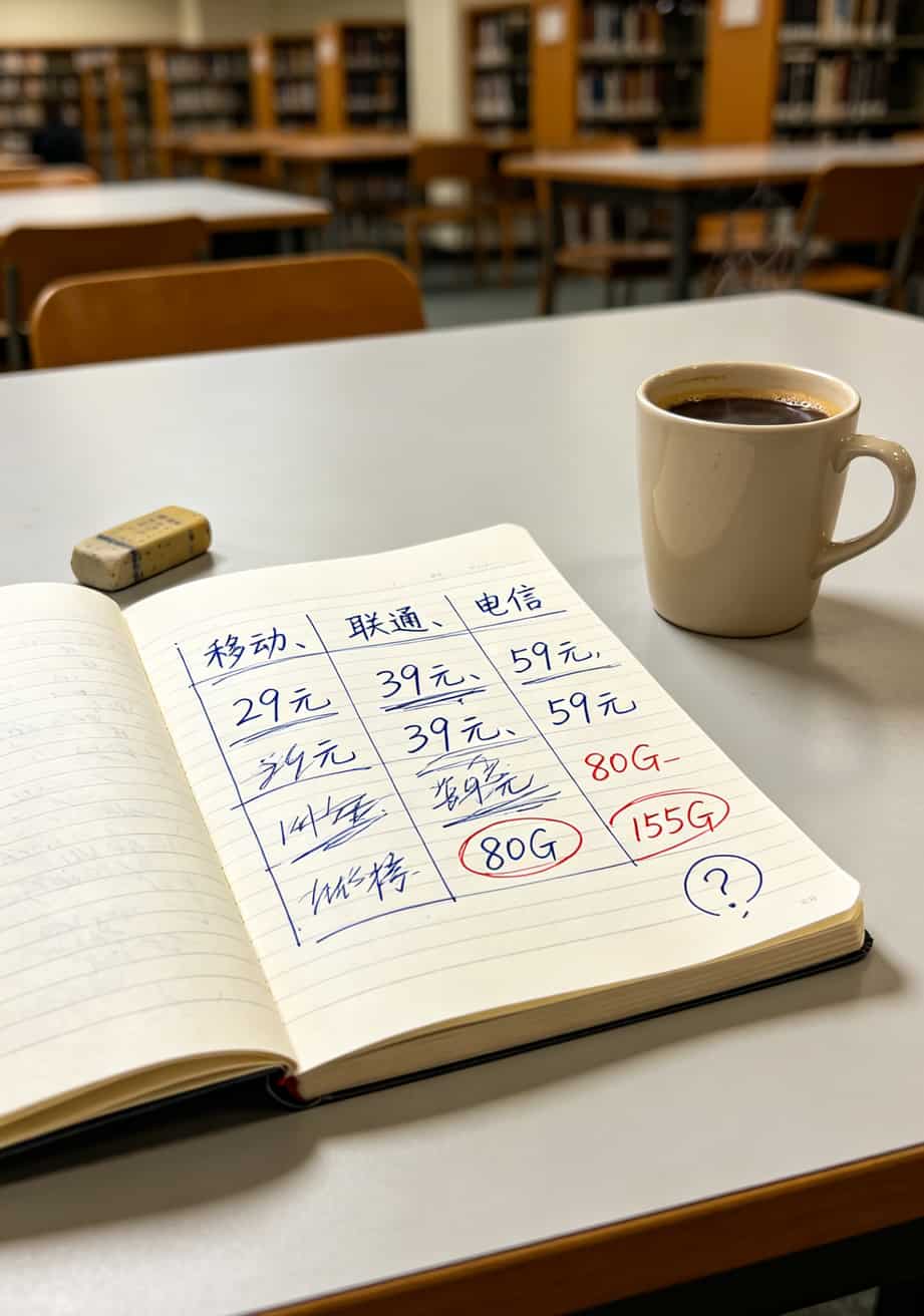 人大老学姐掏心窝:一张便宜好用的大流量卡,真不用多花冤枉钱 三大运营商套餐对比表格手写笔记