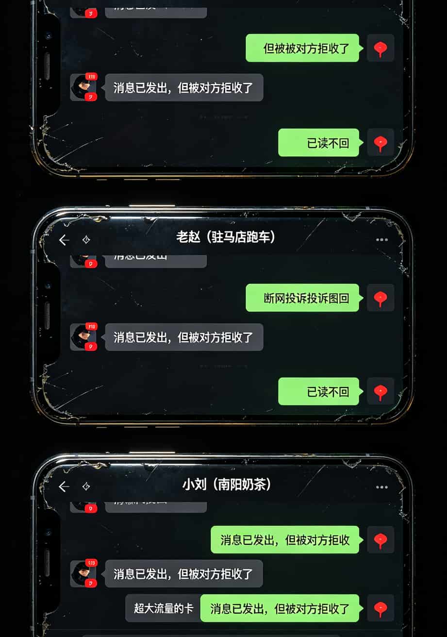 流量卡的坑我踩了5回,这份避坑指南帮你一年省下500块(附 **超大流量的卡** 真实测评) 三个聊天记录截图拼接,分别是“小马”“老赵”“小刘”的微信对话,带有转账和语音红色未读标记