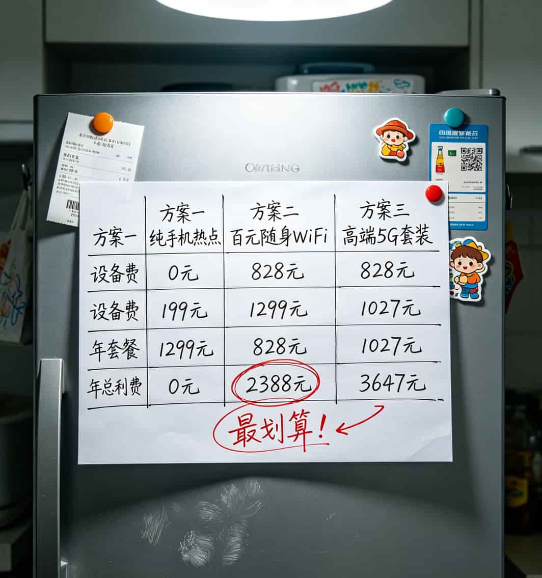 老张实测!联通卡大流量卡配随身WiFi,网速到底能快多少?(答案在50字内) 三个方案一年的花费对比表格,方案二性价比最高