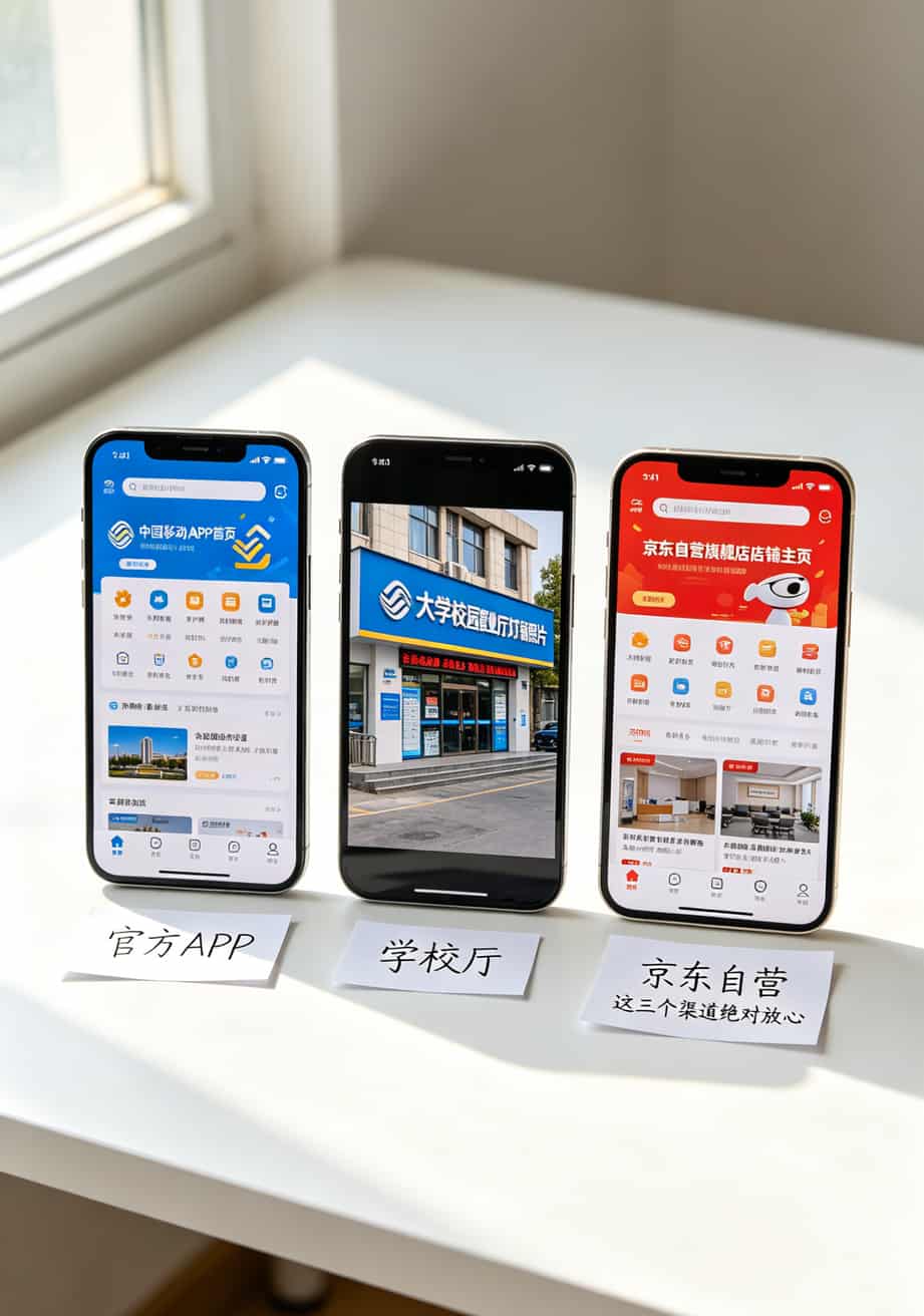 办流量卡哪里正规?踩了3次坑亏了800块,我只信这2个地方 三个手机图标分别写着“官方APP”“学校厅”“京东自营”