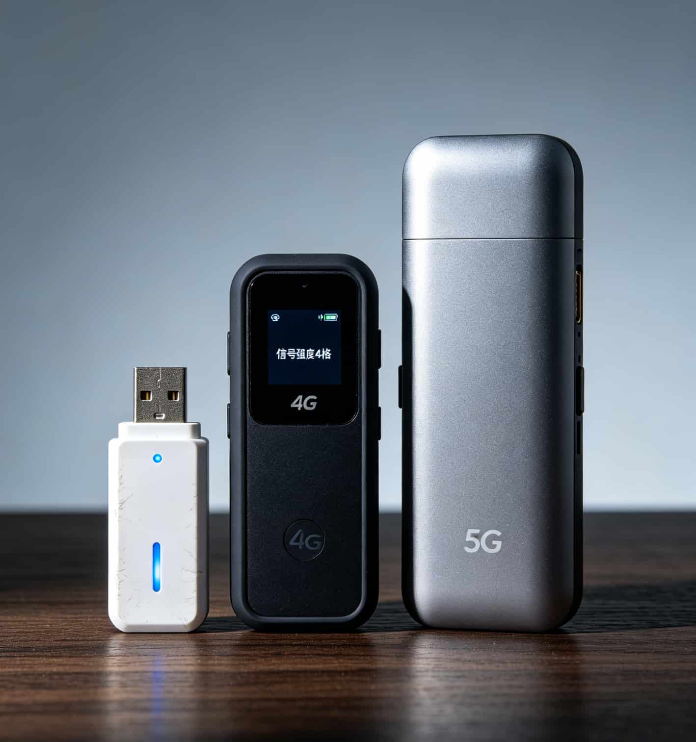 我跑了500个城市,烧坏2块电池,实话实说299电信流量卡的真面目 *三台随身WiFi并排放在桌上,从左到右分别是U盘款、带屏4G款、5G旗舰款,大小差异明显