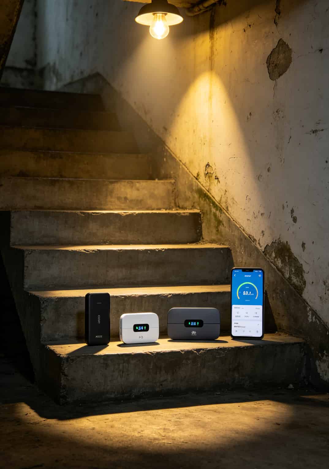 20260508_030310_19元40g通用流量卡_final 三个不同品牌随身WiFi设备并排放在地下室楼梯上测试信号
