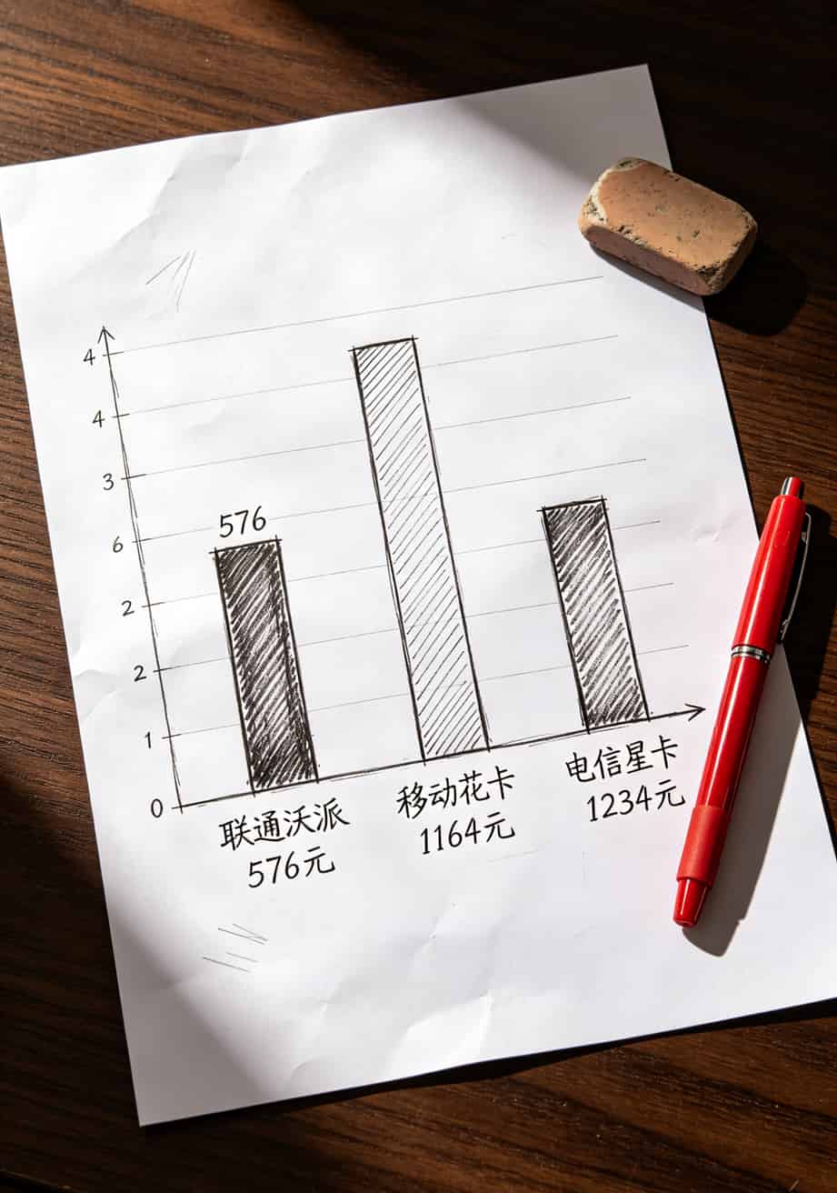 2021最划算流量卡实测:月租19元拿100G,我踩了8个坑才敢写 三张流量卡三年总花费对比条形图,联通沃派576最低移动1164电信1234