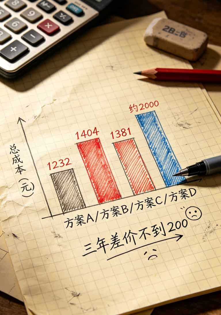 19元月租大流量的卡,我劝你办之前先看这篇(被坑过两次的人写的) 三年四种方案成本对比柱状图,标注差价
