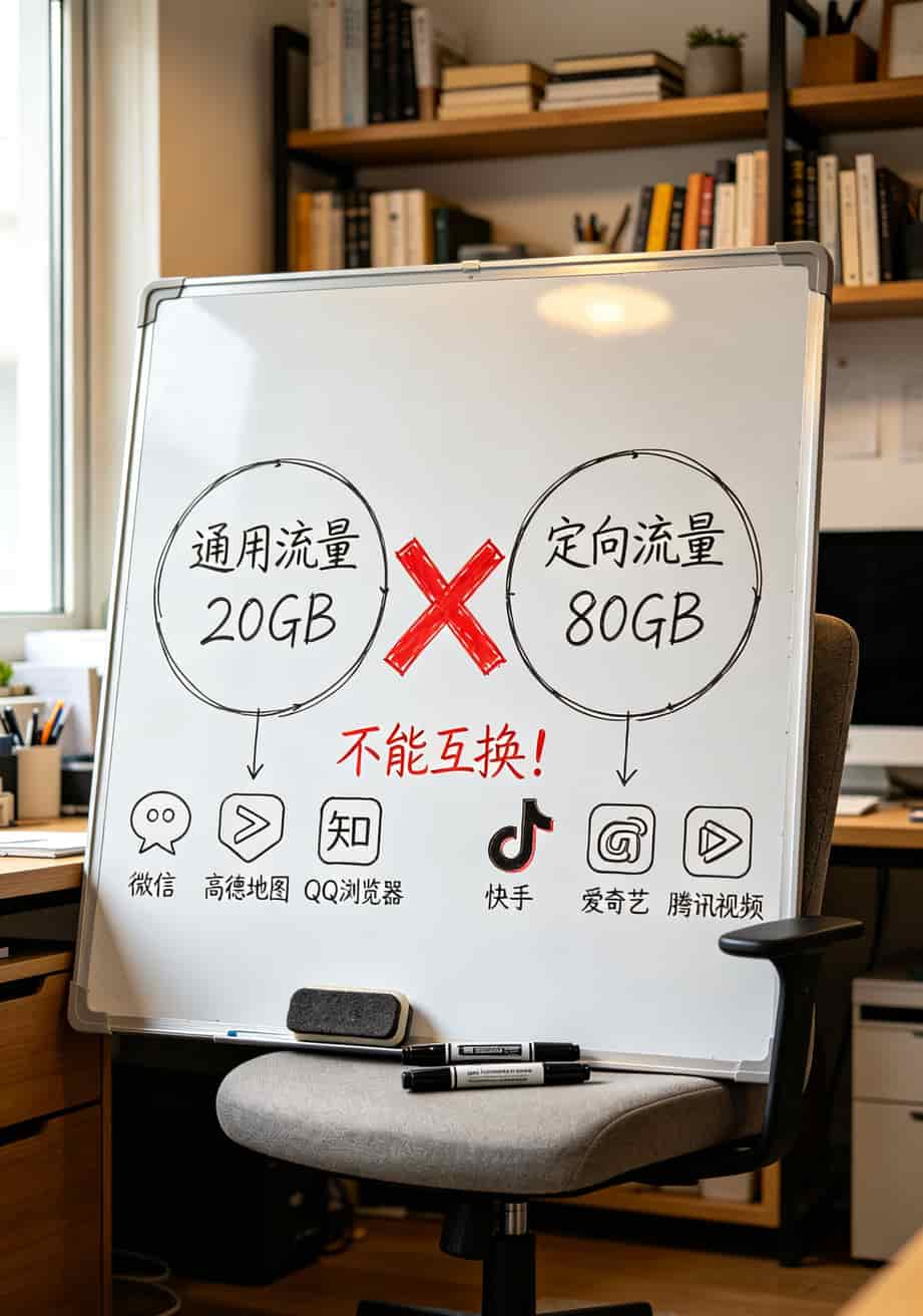 跑8年手机卡业务,我敢说:2025年不限流流量卡一个月多少钱最划算?59、79、129三档实测 通用流量和定向流量区别说明图,标注哪些APP扣通用哪些扣定向
