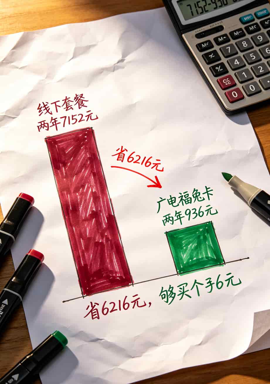 流量卡越便宜越坑?我折腾了七八张,这3款才是真便宜流量了卡推荐 线下套餐与线上套餐两年费用对比条形图,差距6216元