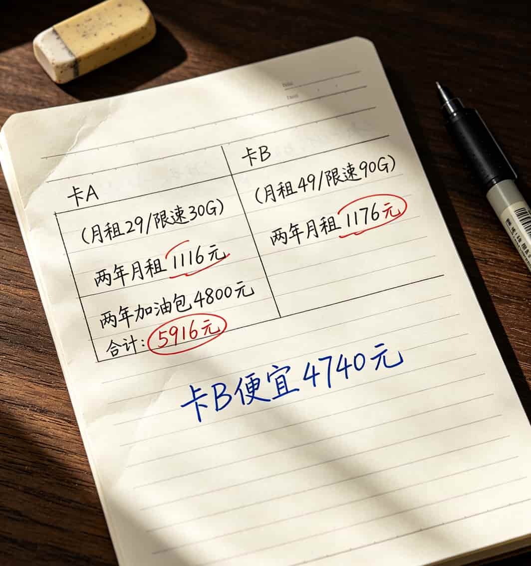 2026实测|想办张真不限速流量卡?这3个坑我替你踩过了 两年费用对比计算表格,卡B比卡A省4740元