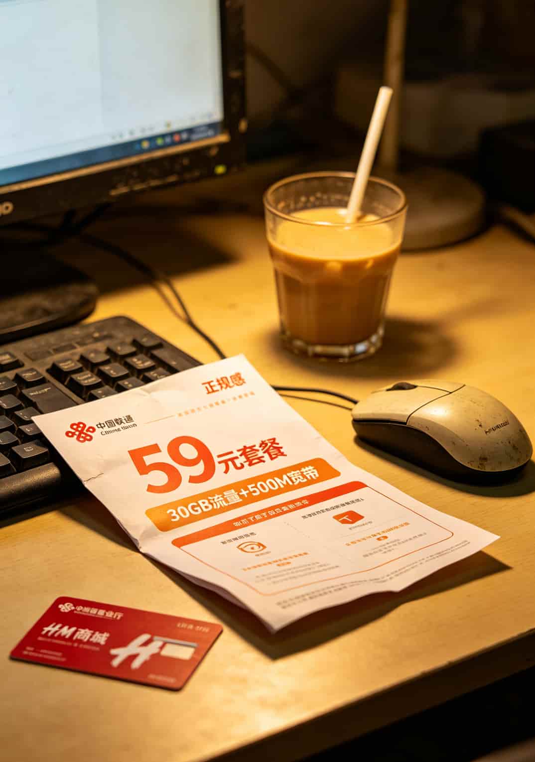 联通营业厅的宣传单照片，正面印着59元套餐的详细信息