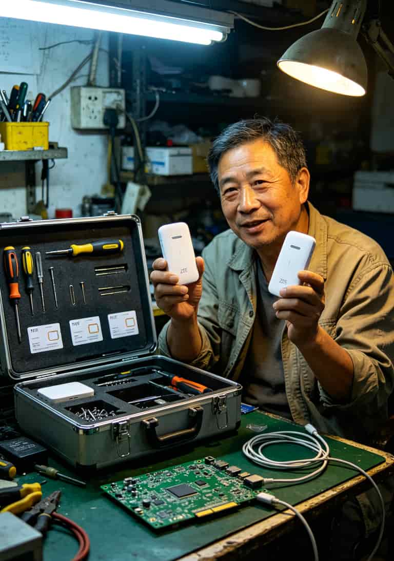 20260508_030228_1500g流量卡是真的么_final 老周手中拿着两台中兴随身WiFi,身后是工具箱和拆开的流量卡