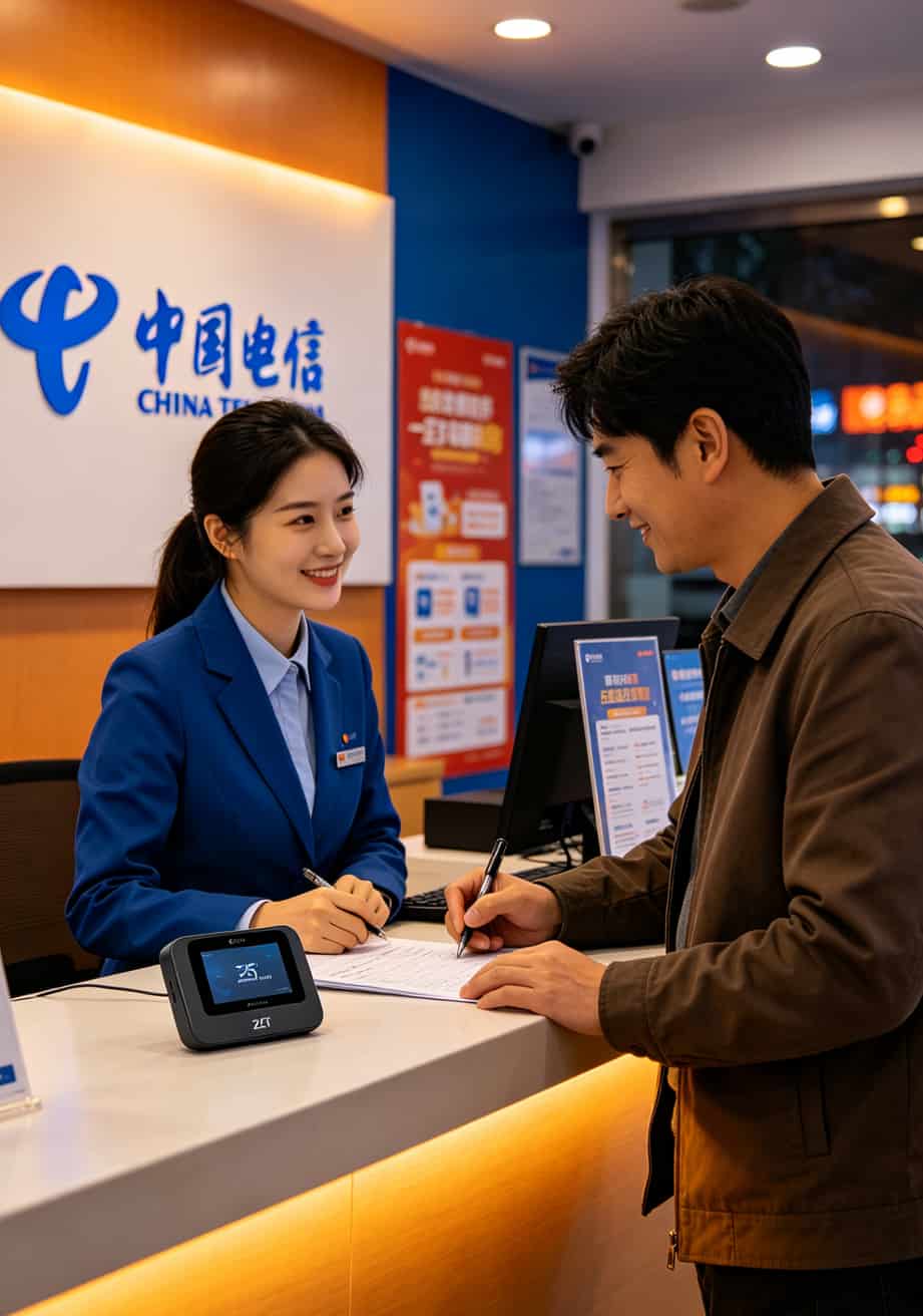 29元电信流量卡是真的吗?我买了三张卡插中兴随身WiFi实测,告诉你真相 中国电信营业厅门口,柜台里营业员正在办理业务
