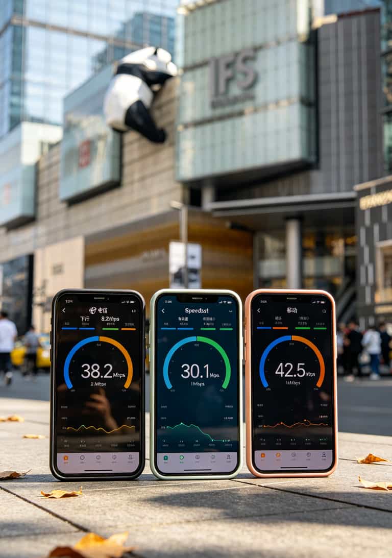 换了6张卡才搞明白:b站免流量卡全国流量这样选,一个月省50块话费 三台手机并排显示Speedtest测速结果,分别是电信38Mbps、联通30Mbps、移动42Mbps
