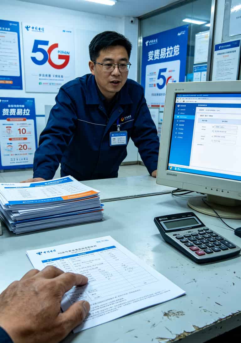 19元通用流量套餐卡有哪些?保山跑了三家店,终于弄清楚了 保山电信营业厅办理柜台,业务员正在讲解套餐