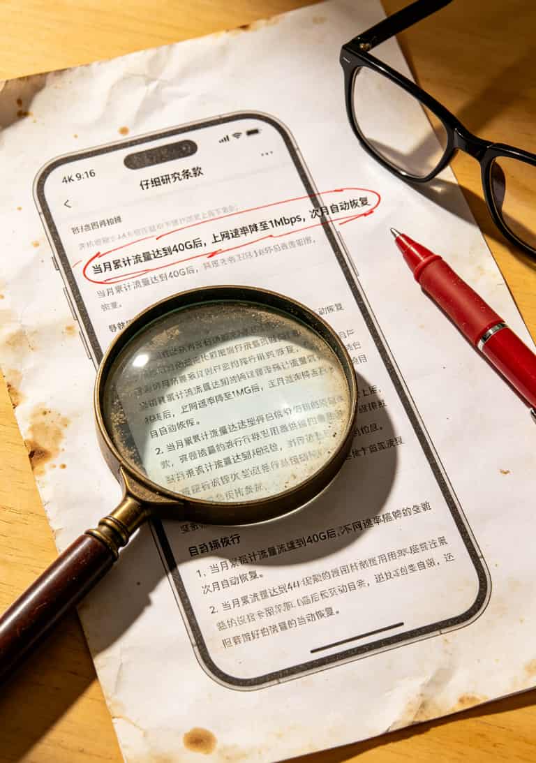 2021电信流量卡推荐,说句难听的市面上九成攻略都是广告(真人实测避坑版) 套餐详情页用小字标注达量降速条款的截图,红圈圈出关键信息