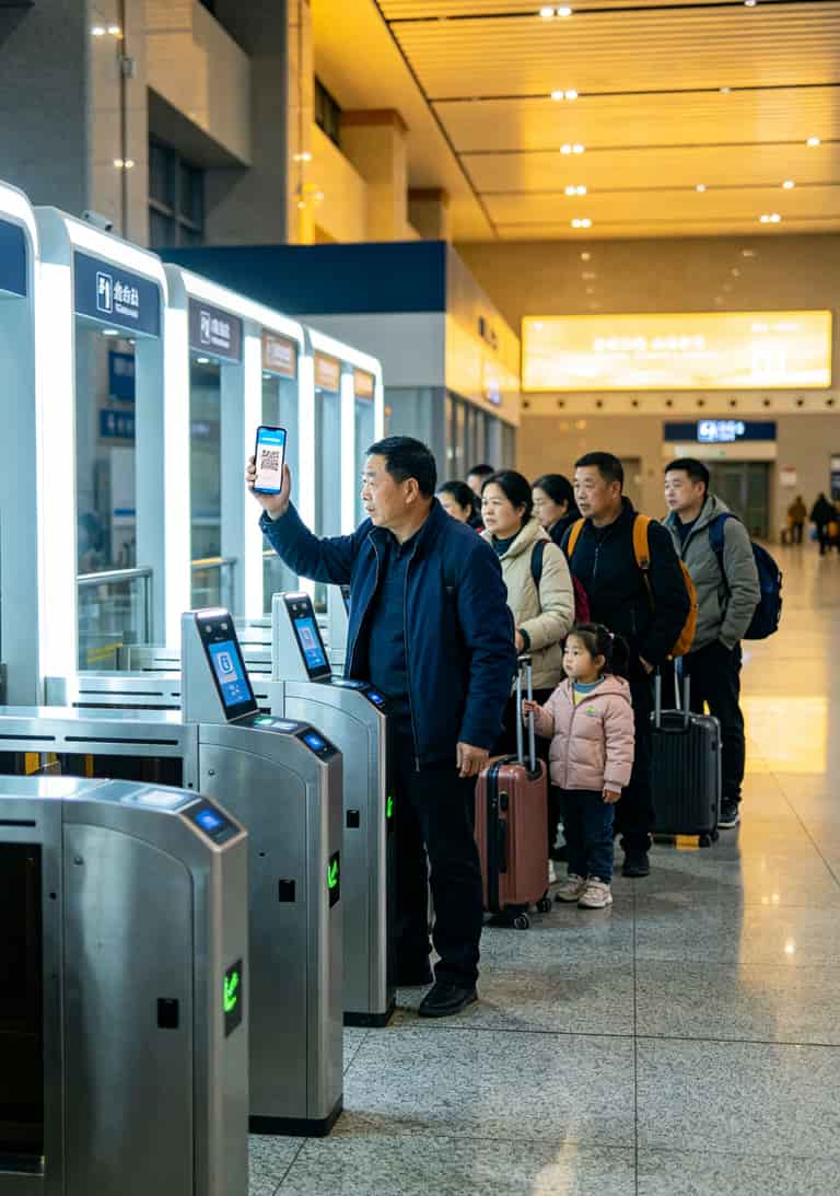 2023什么流量卡好?实测4台设备花了1800,最后留这台(附避坑清单) 高铁站排队刷二维码进站的人群场景图