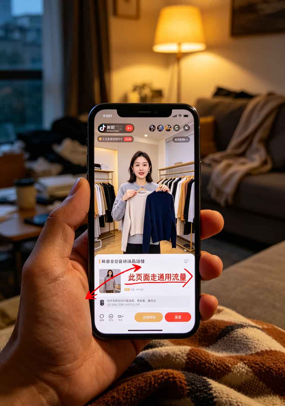手机刷抖音时点进购物车的界面，红色箭头标出“此页面可能消耗通用流量”