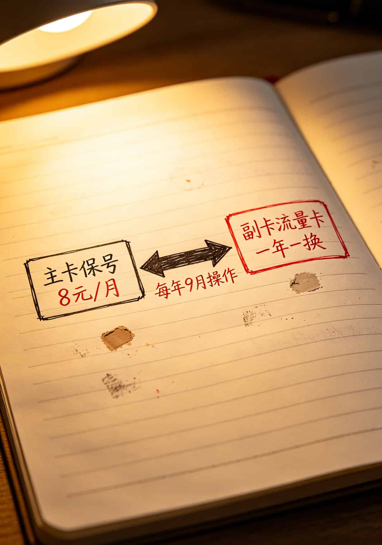 一张手绘流程图，左边“主卡保号8元”右边“副卡流量卡”，中间箭头写“一年一换”