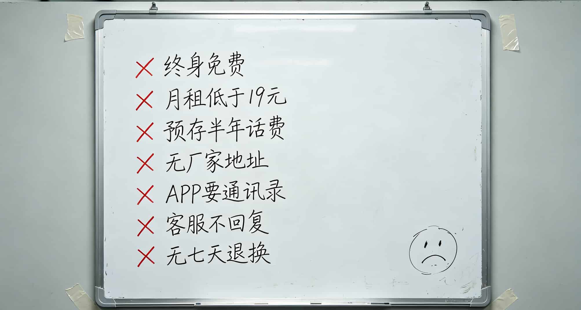 2023什么流量卡好?实测4台设备花了1800,最后留这台(附避坑清单) 七种不靠谱卖家特征信息图,红色打叉标记