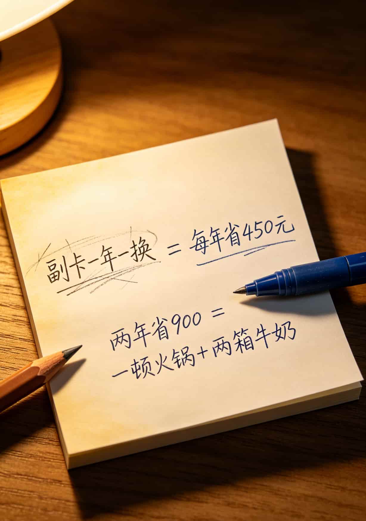 一张手写算账纸，左边写“副卡一年一换”，右边写“每年省450元”，中间划了等号