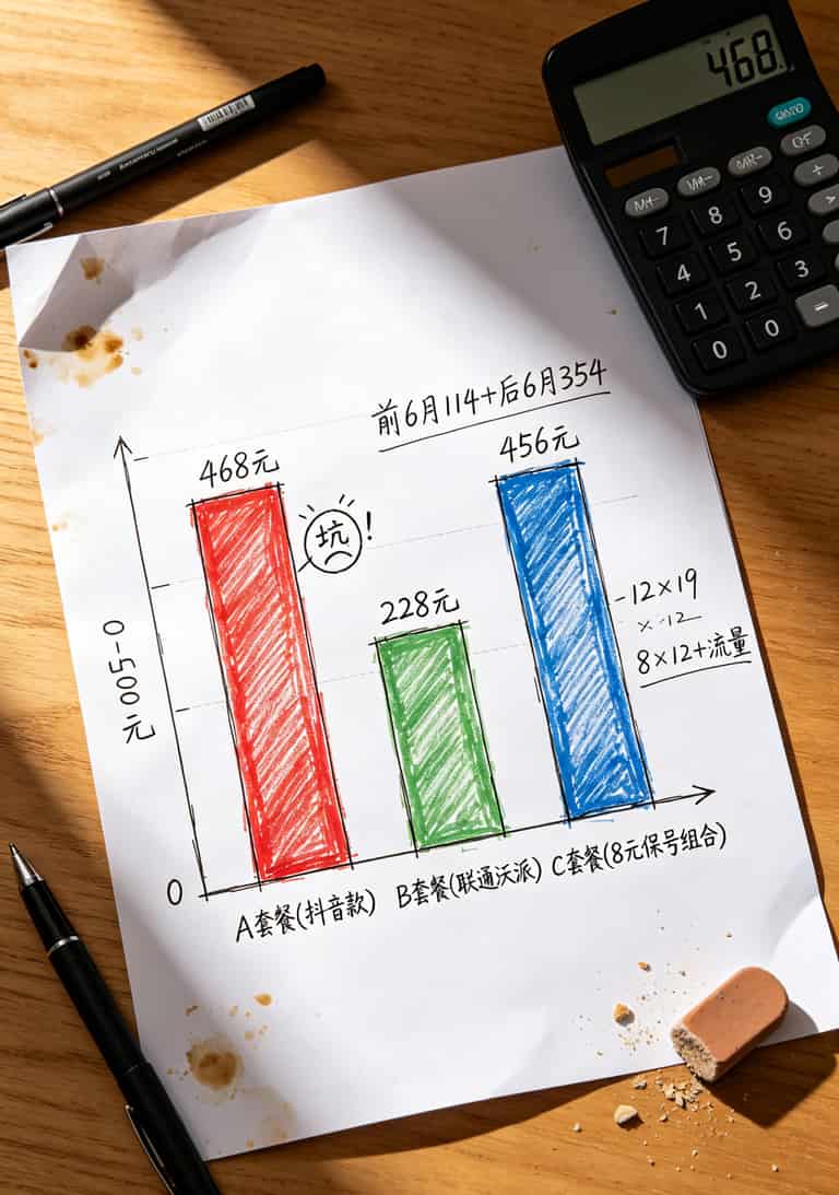 三种套餐12个月总成本对比柱状图，A套餐468元、B套餐228元、C套餐456元