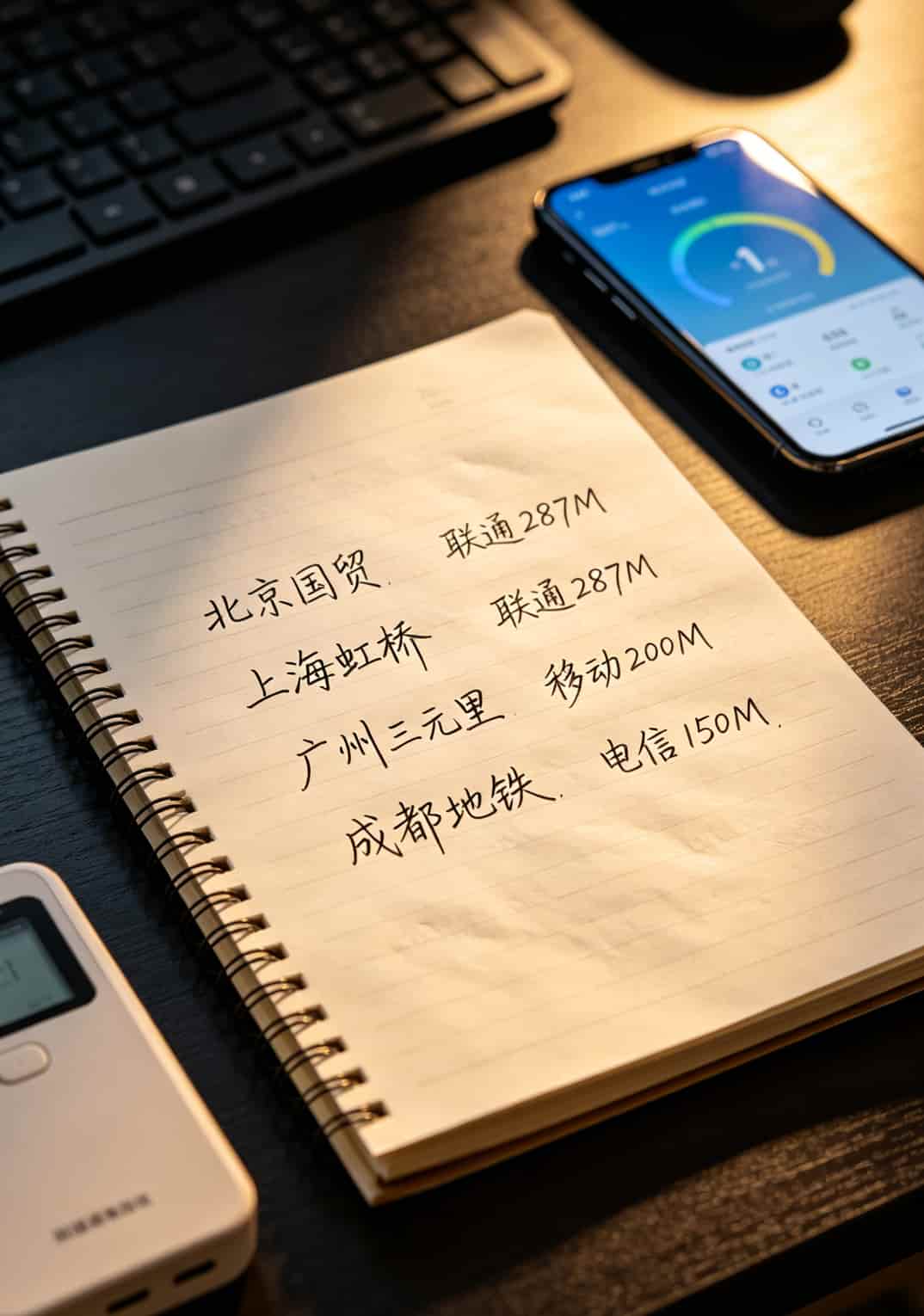 2025年最好用的流量卡是哪张?我换了7张卡实测4个月,答案在这 四个地点测速数据对比表,联通国贸287最高,移动三元里150反超