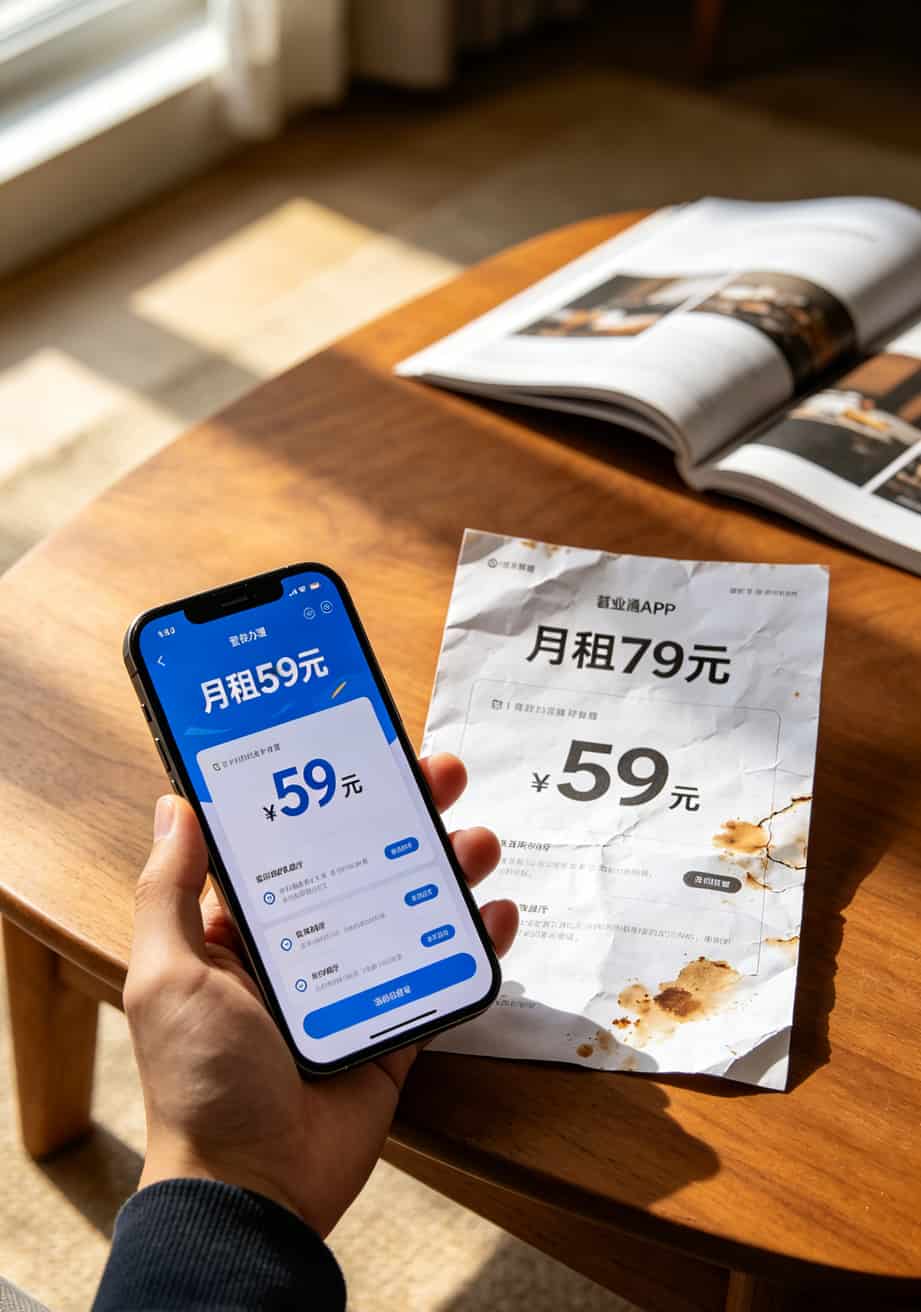 2025年最好用的流量卡是哪张?我换了7张卡实测4个月,答案在这 手机屏幕显示联通APP线上办理页面,月租59元,对比旁边营业厅宣传单79元