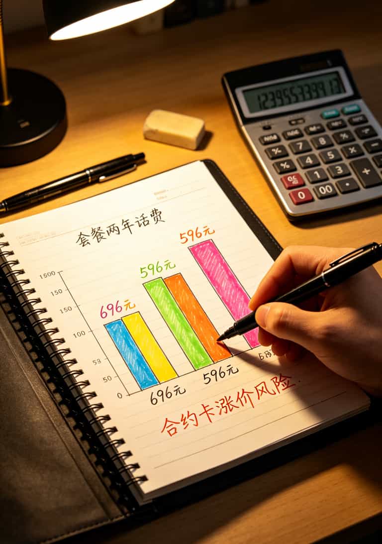2025年最好用的流量卡是哪张?我换了7张卡实测4个月,答案在这 两年话费对比柱状图,合约卡和免合约卡的总支出接近但合约卡有涨价风险