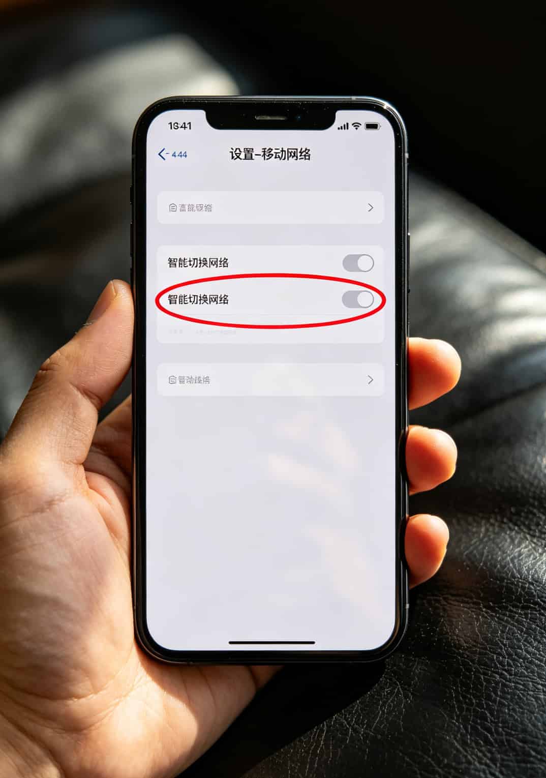 2025年最好用的流量卡是哪张?我换了7张卡实测4个月,答案在这 手机设置界面截图,圈出“智能切换网络”开关位置