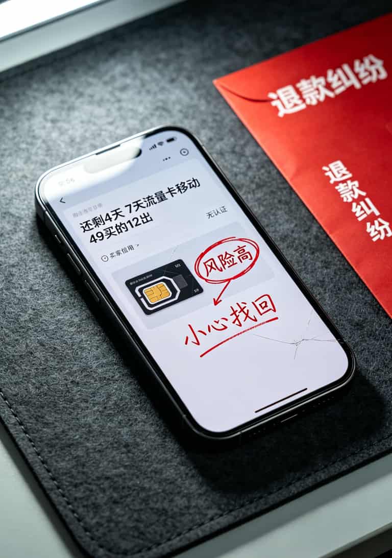 7天流量卡移动避坑指南:被坑800块后,我总结出这些经验 闲鱼上二手流量卡商品截图,标注风险提示