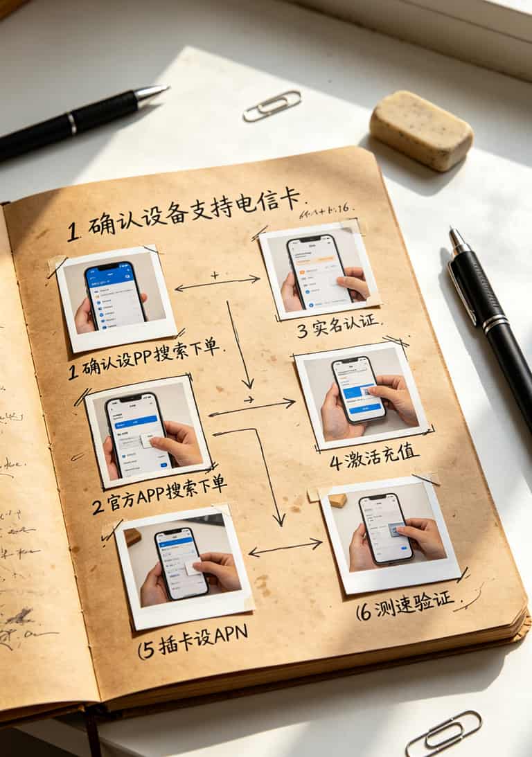 月租29块103个G,我把用了两年的手机热点换成了中兴随身WiFi(附真实账单) 办卡流程图,从确认设备支持到插卡测速共六步