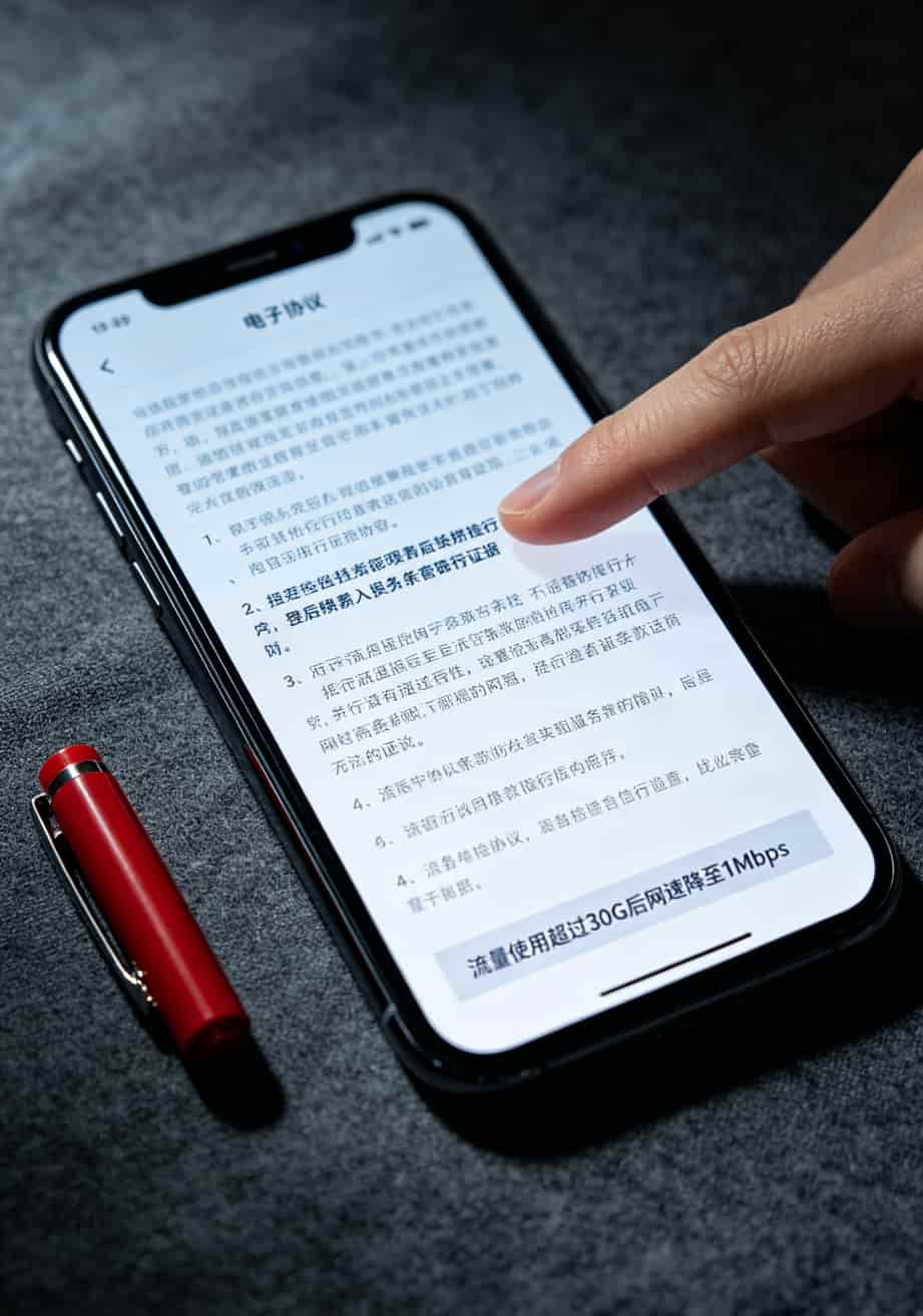 踩坑3年花了2000块,终于搞明白2021正规流量卡(9张实测+亳州能办清单) 手机截图,灰色小字条款被红框标出