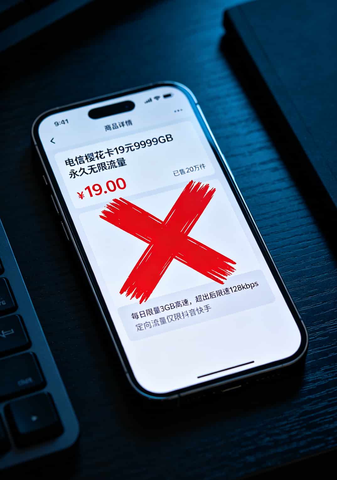4g流量卡怎么办理?中兴随身WiFi用户折腾6张卡后的最终答案 某电商平台19元9999GB流量卡商品页截图,用红色叉号标注