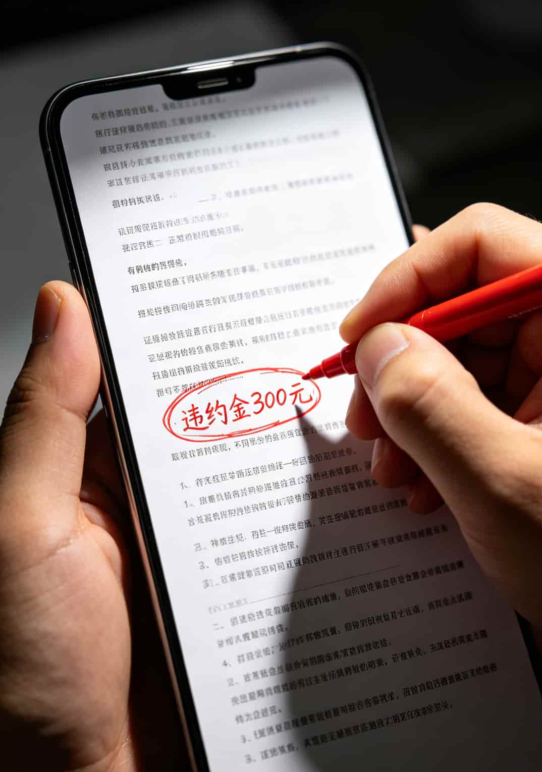 29元流量卡推荐配中兴随身WiFi,踩坑一整年换来的真心话:这3款能买 手机截图显示合约条款的小字部分,用红圈标出了“违约金300元”