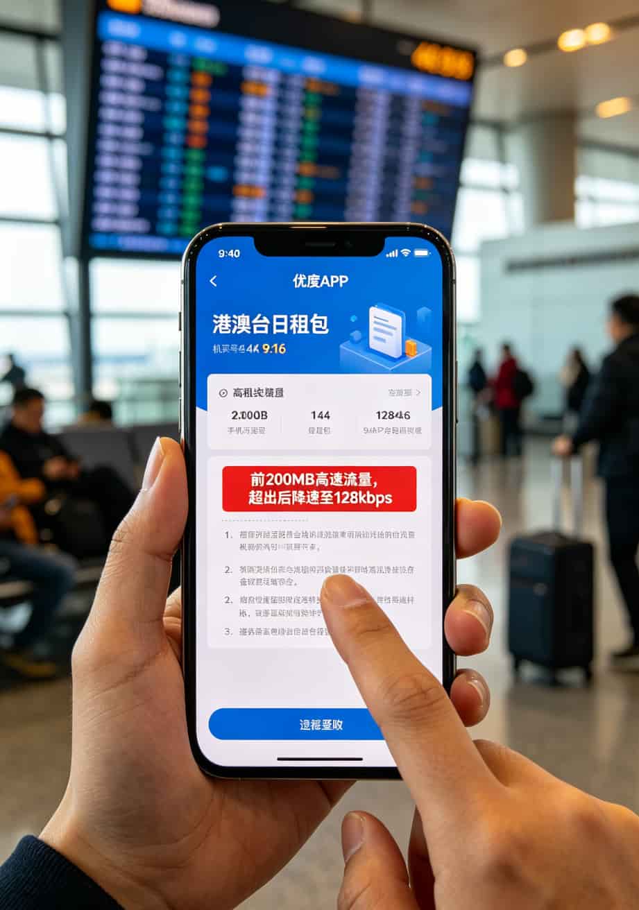 29元包全国流量卡真实测评:半年省了三百多,充电宝随身WiFi全扔了 优度APP国际漫游购买页面,高亮显示200M高速流量限制条款