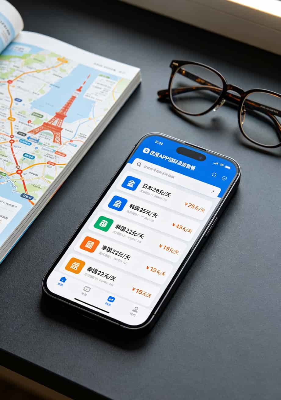 29元包全国流量卡真实测评:半年省了三百多,充电宝随身WiFi全扔了 优度官方APP国际漫游套餐列表,显示日本28元/天、韩国25元/天