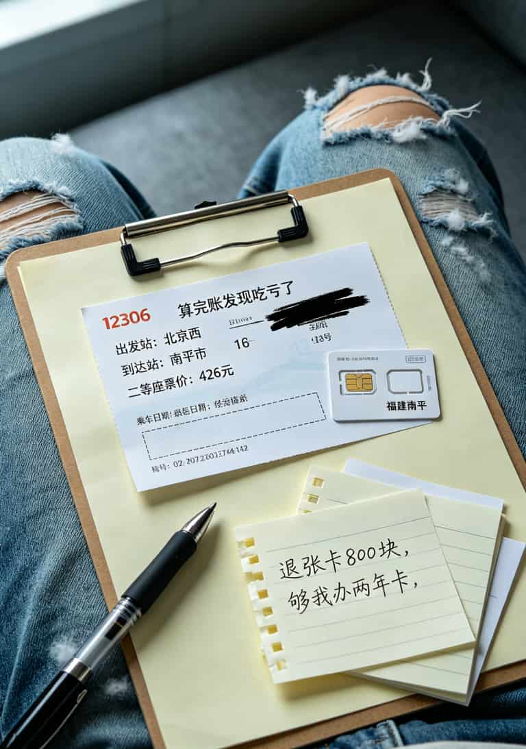 2022年最划算的流量卡,别再被直播间忽悠了,我踩6张卡告诉你哪张真能省 一张火车票订单截图,显示北京到南平二等座票价426元,备注“退卡路费比卡贵”