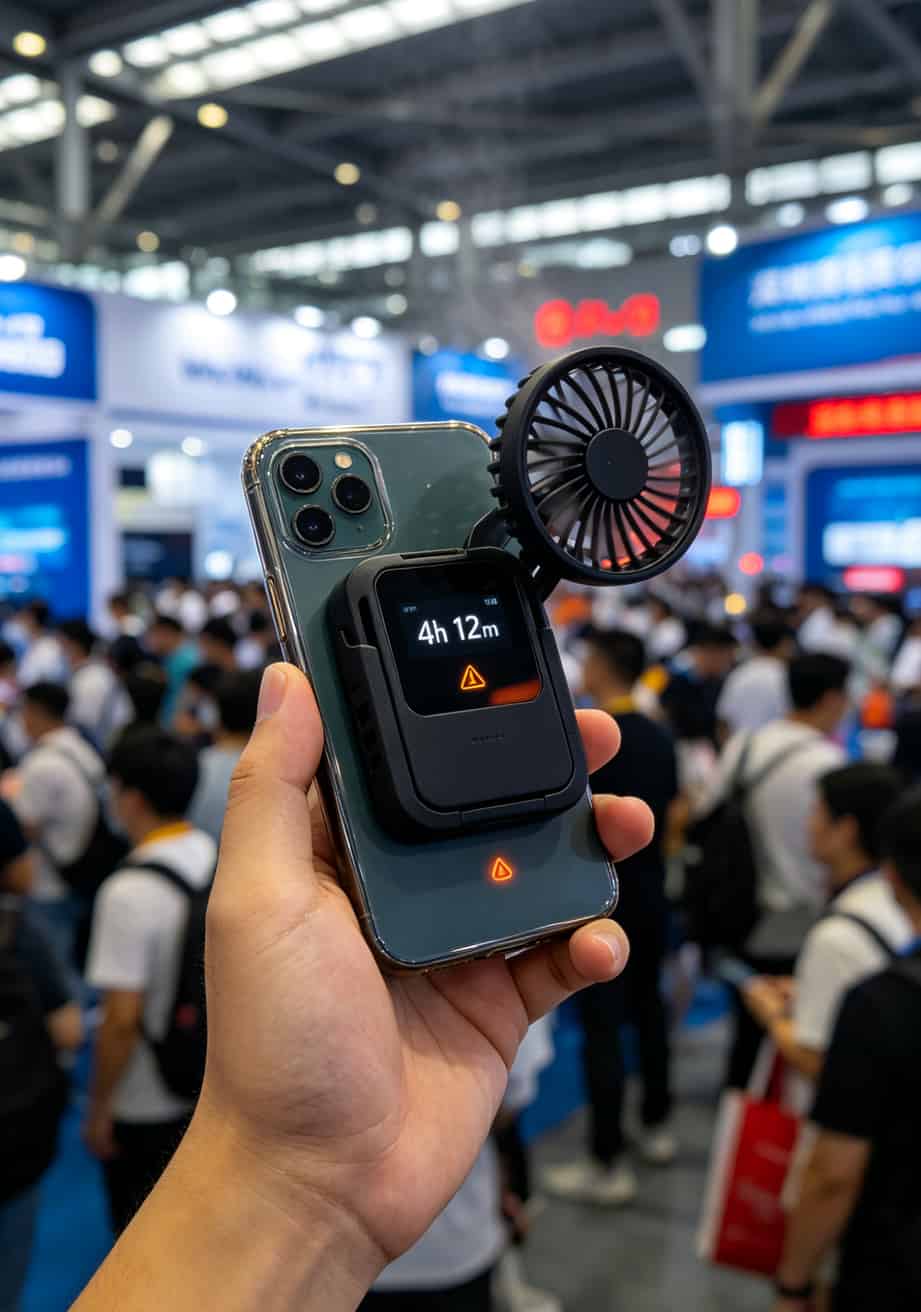 深圳会展中心人山人海的展会现场，随身WiFi散热背夹特写