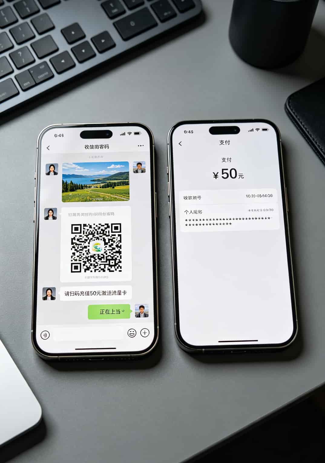 19元套餐移动流量卡,我买了三张实测:告诉你哪张能买哪张是坑 手机聊天截图,客服发来一个个人微信收款码,备注“请扫码充值50元激活流量卡”
